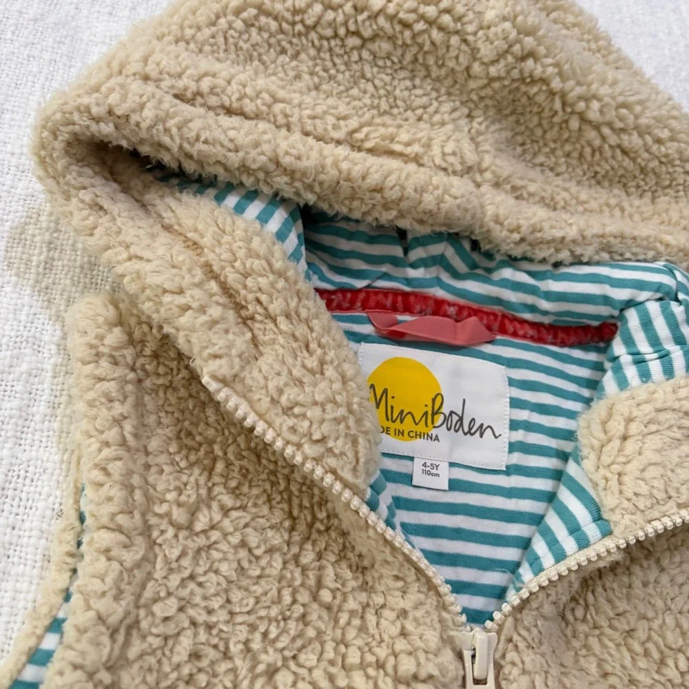 Mini Boden Kids Beige Sherpa Fleece Hooded Vest Zip Up Striped Lining 4-5Y 110cm